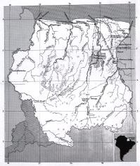 Kaart van Suriname met de grensrivieren: links Corantijn en rechts Marowijne